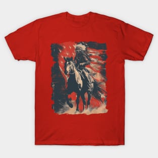 Native Indian Chief Warrior Horse - American Flag T-Shirt